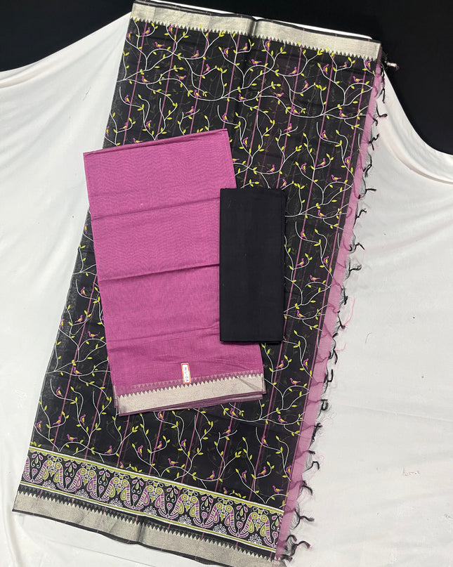 Mangalagiri Cotton Dress Material with Black Chunni with Pink Colour