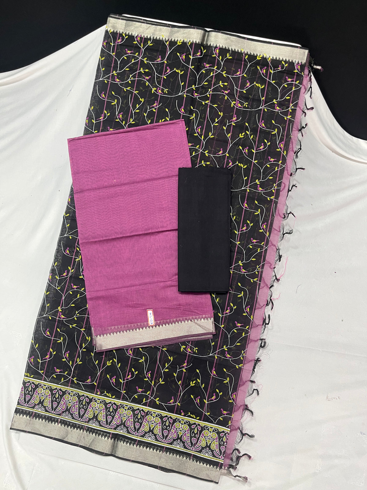 Mangalagiri Cotton Dress Material with Black Chunni with Pink Colour