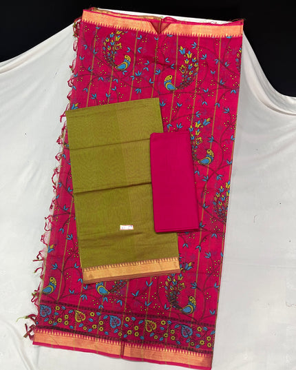 Mangalagiri Cotton Dress Material with Pink Chunni with Olive Green Colour