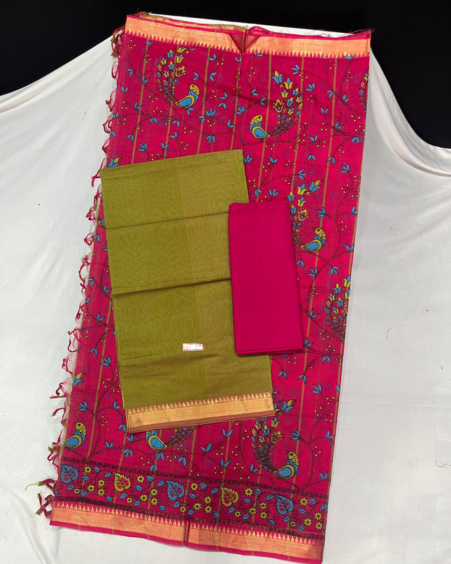 Mangalagiri Cotton Dress Material with Pink Chunni with Olive Green Colour
