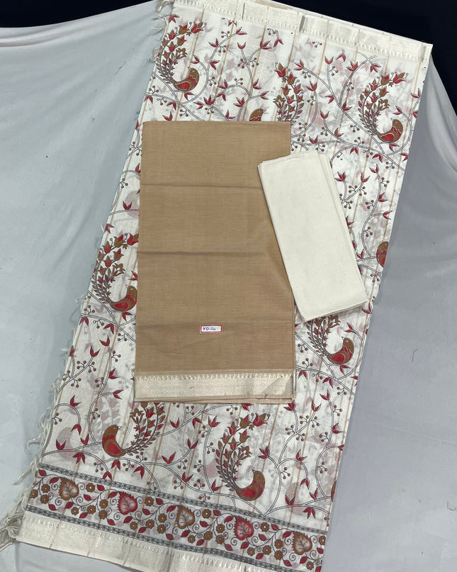 Mangalagiri Cotton Dress Material with White Chunni with Brown Colour