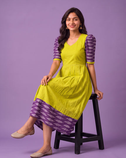 Handloom Ikkat Cotton Frock in Lime Green Colour with Purple Puff Sleeves | Half-Length Lining | Ready to Wear