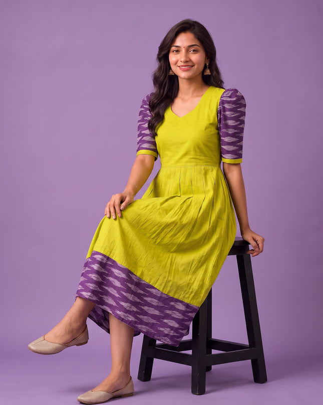 Handloom Ikkat Cotton Frock in Lime Green Colour with Purple Puff Sleeves | Half-Length Lining | Ready to Wear