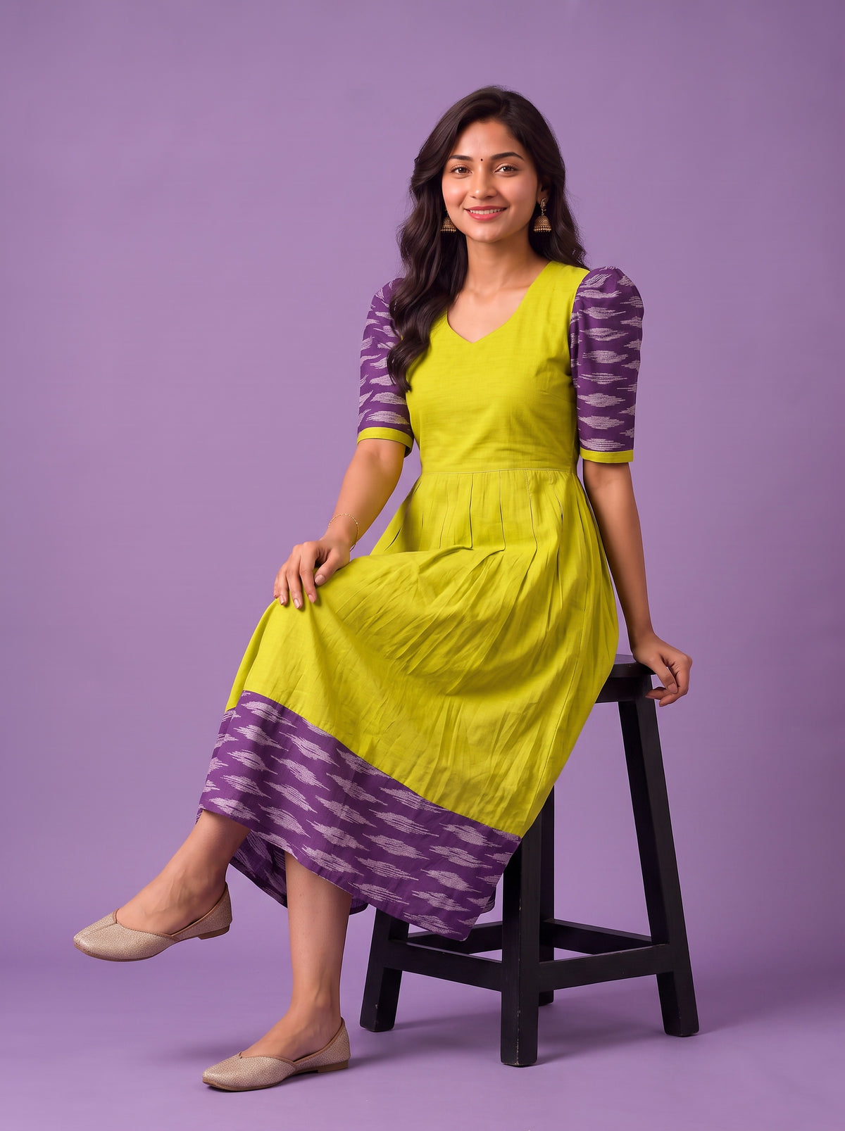 Handloom Ikkat Cotton Frock in Lime Green Colour with Purple Puff Sleeves | Half-Length Lining | Ready to Wear