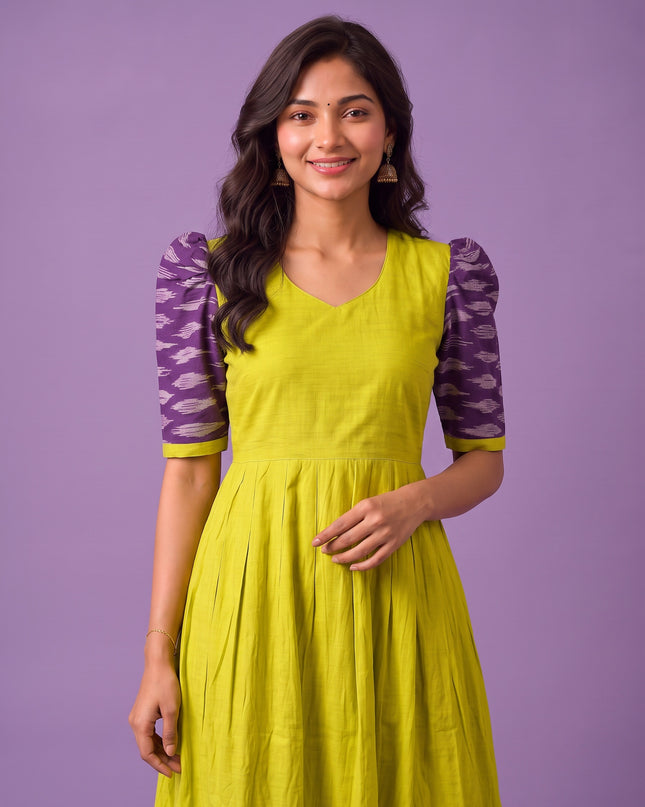 Handloom Ikkat Cotton Frock in Lime Green Colour with Purple Puff Sleeves | Half-Length Lining | Ready to Wear