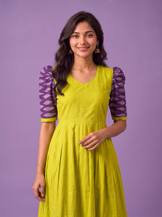 Handloom Ikkat Cotton Frock in Lime Green Colour with Purple Puff Sleeves | Half-Length Lining | Ready to Wear
