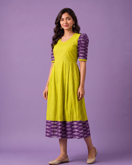 Handloom Ikkat Cotton Frock in Lime Green Colour with Purple Puff Sleeves | Half-Length Lining | Ready to Wear