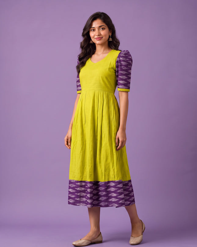 Handloom Ikkat Cotton Frock in Lime Green Colour with Purple Puff Sleeves | Half-Length Lining | Ready to Wear