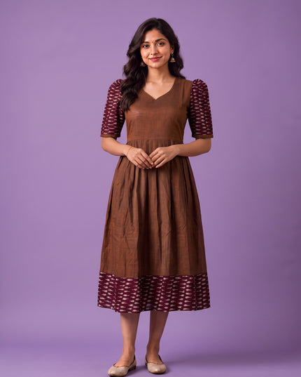 Handloom Ikkat Cotton Frock in Coffee Brown Colour with Maroon Ikkat Puff Sleeves | Half-Length Lining | Ready to Wear