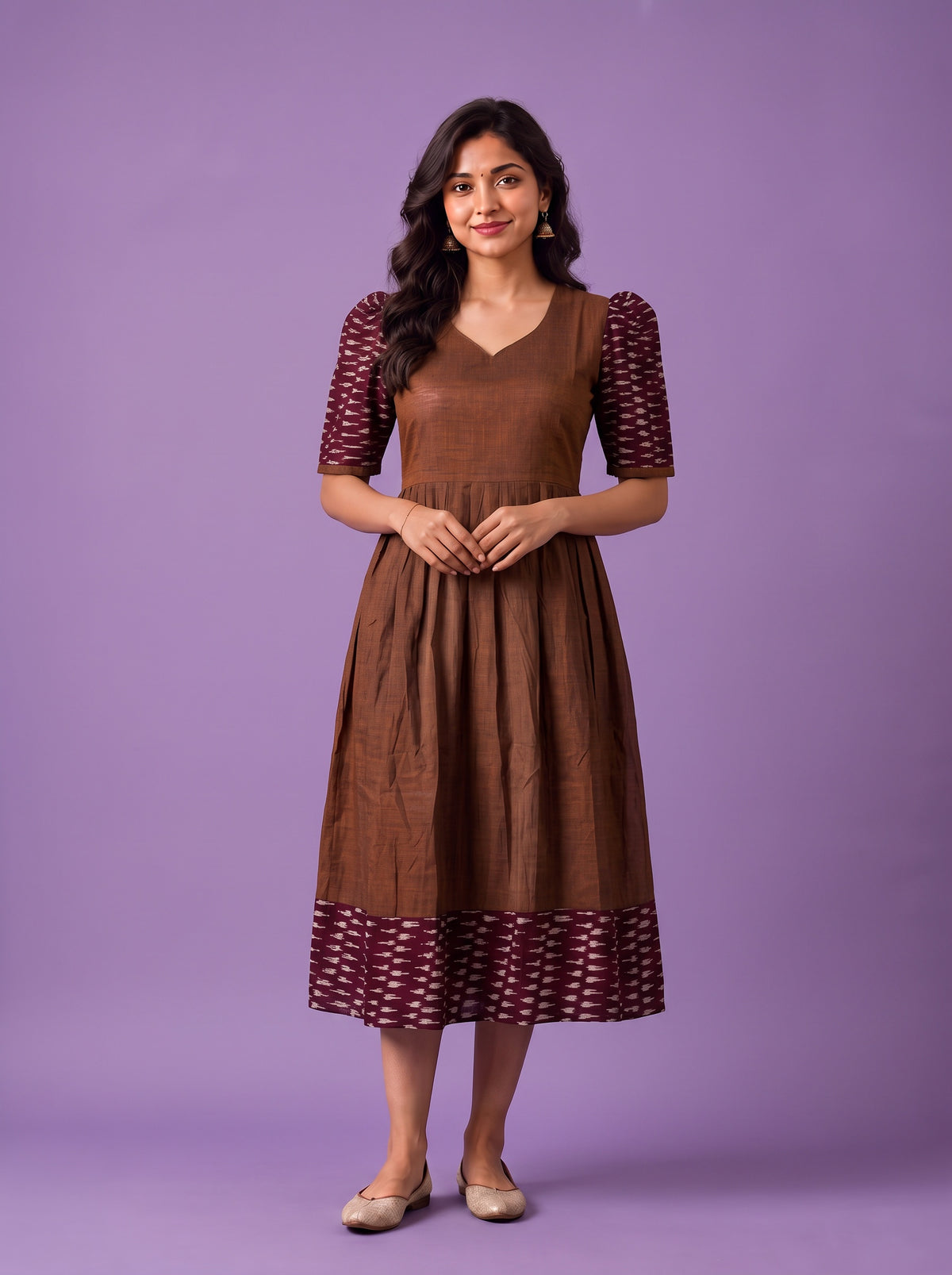 Handloom Ikkat Cotton Frock in Coffee Brown Colour with Maroon Ikkat Puff Sleeves | Half-Length Lining | Ready to Wear