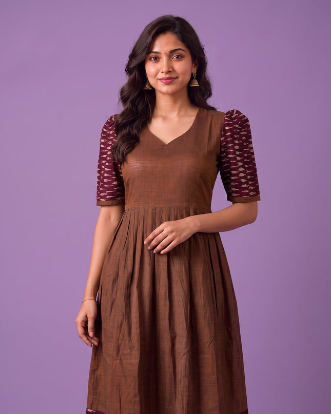 Handloom Ikkat Cotton Frock in Coffee Brown Colour with Maroon Ikkat Puff Sleeves | Half-Length Lining | Ready to Wear