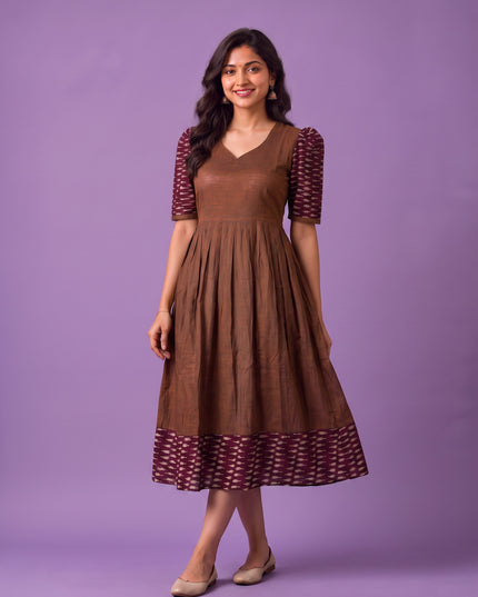 Handloom Ikkat Cotton Frock in Coffee Brown Colour with Maroon Ikkat Puff Sleeves | Half-Length Lining | Ready to Wear