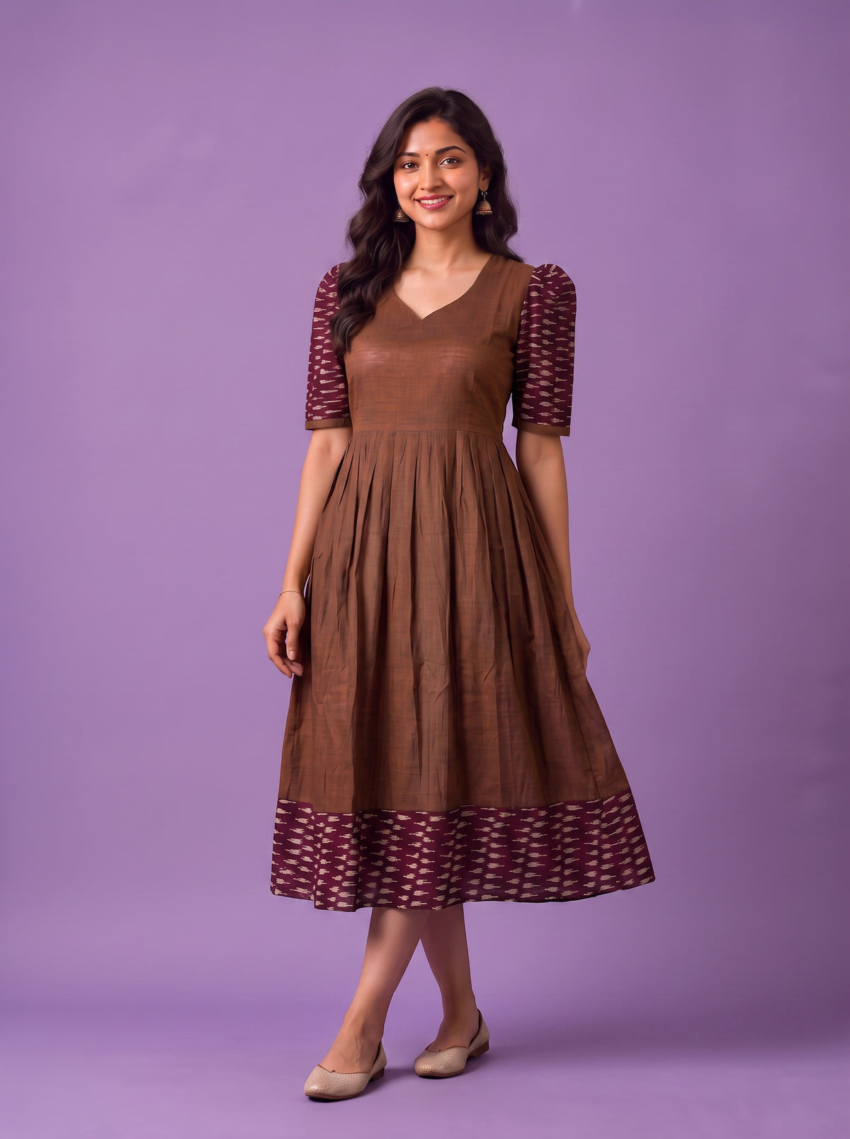 Handloom Ikkat Cotton Frock in Coffee Brown Colour with Maroon Ikkat Puff Sleeves | Half-Length Lining | Ready to Wear