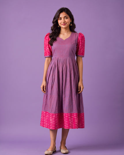 Handloom Ikkat Cotton Frock in Lavender Purple Colour with Hot Pink Ikkat Puff Sleeves | Half-Length Lining | Ready to Wear