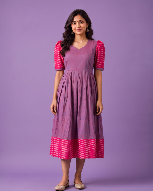 Handloom Ikkat Cotton Frock in Lavender Purple Colour with Hot Pink Ikkat Puff Sleeves | Half-Length Lining | Ready to Wear