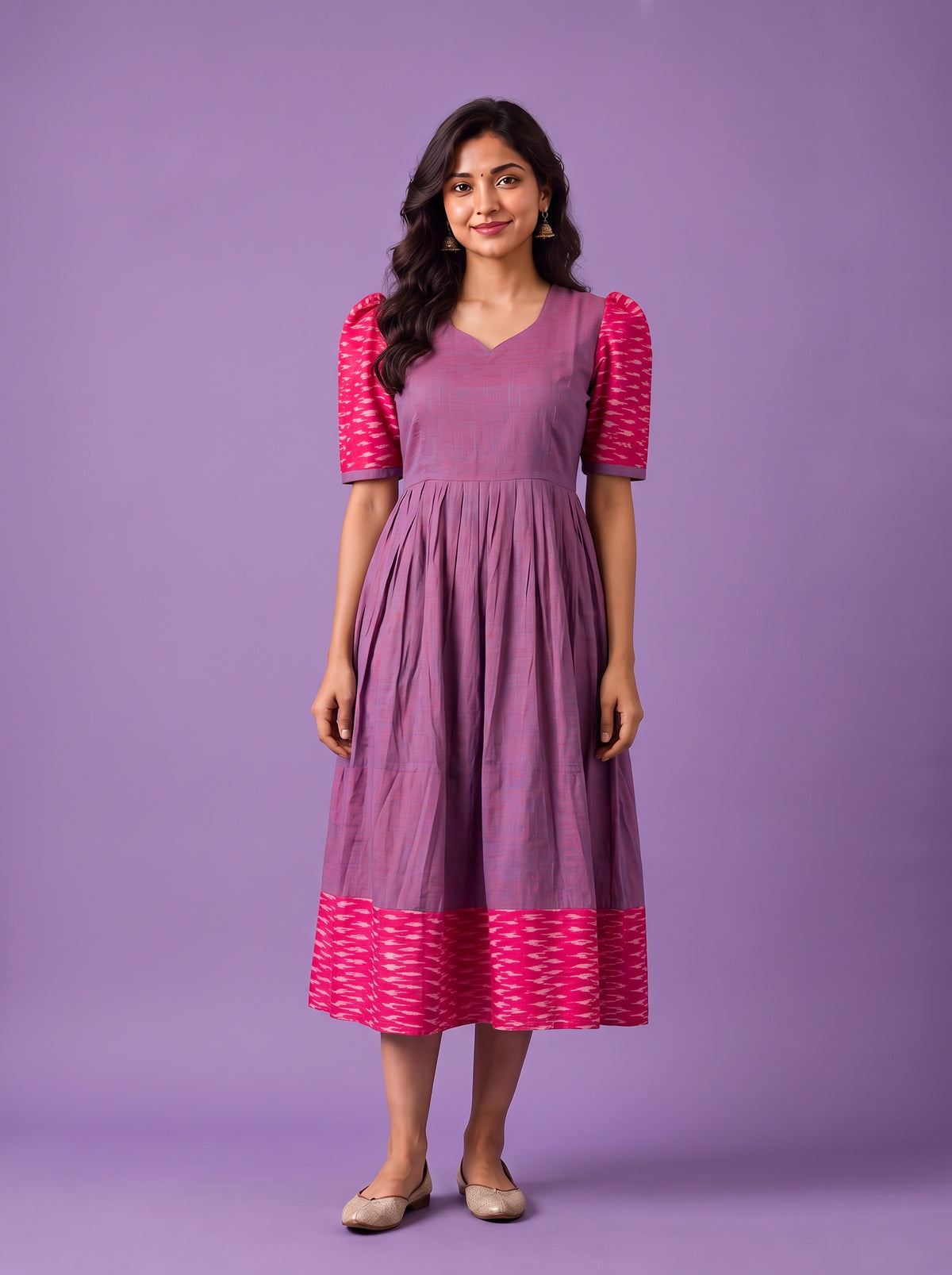 Handloom Ikkat Cotton Frock in Lavender Purple Colour with Hot Pink Ikkat Puff Sleeves | Half-Length Lining | Ready to Wear