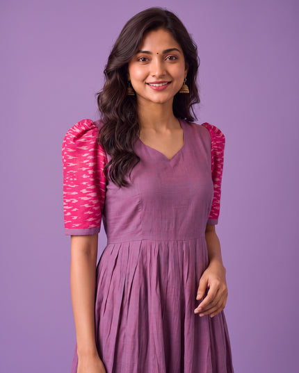 Handloom Ikkat Cotton Frock in Lavender Purple Colour with Hot Pink Ikkat Puff Sleeves | Half-Length Lining | Ready to Wear
