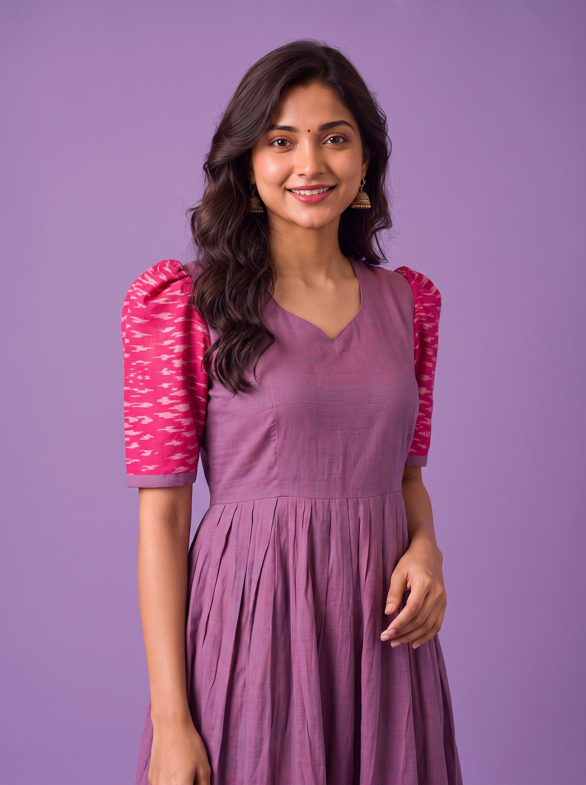 Handloom Ikkat Cotton Frock in Lavender Purple Colour with Hot Pink Ikkat Puff Sleeves | Half-Length Lining | Ready to Wear