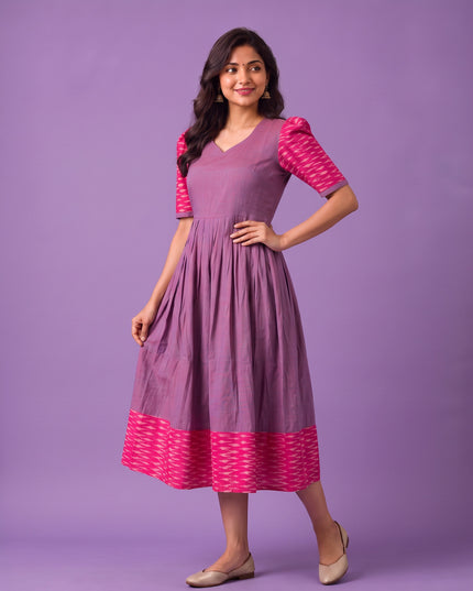 Handloom Ikkat Cotton Frock in Lavender Purple Colour with Hot Pink Ikkat Puff Sleeves | Half-Length Lining | Ready to Wear