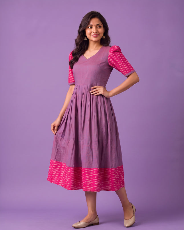 Handloom Ikkat Cotton Frock in Lavender Purple Colour with Hot Pink Ikkat Puff Sleeves | Half-Length Lining | Ready to Wear