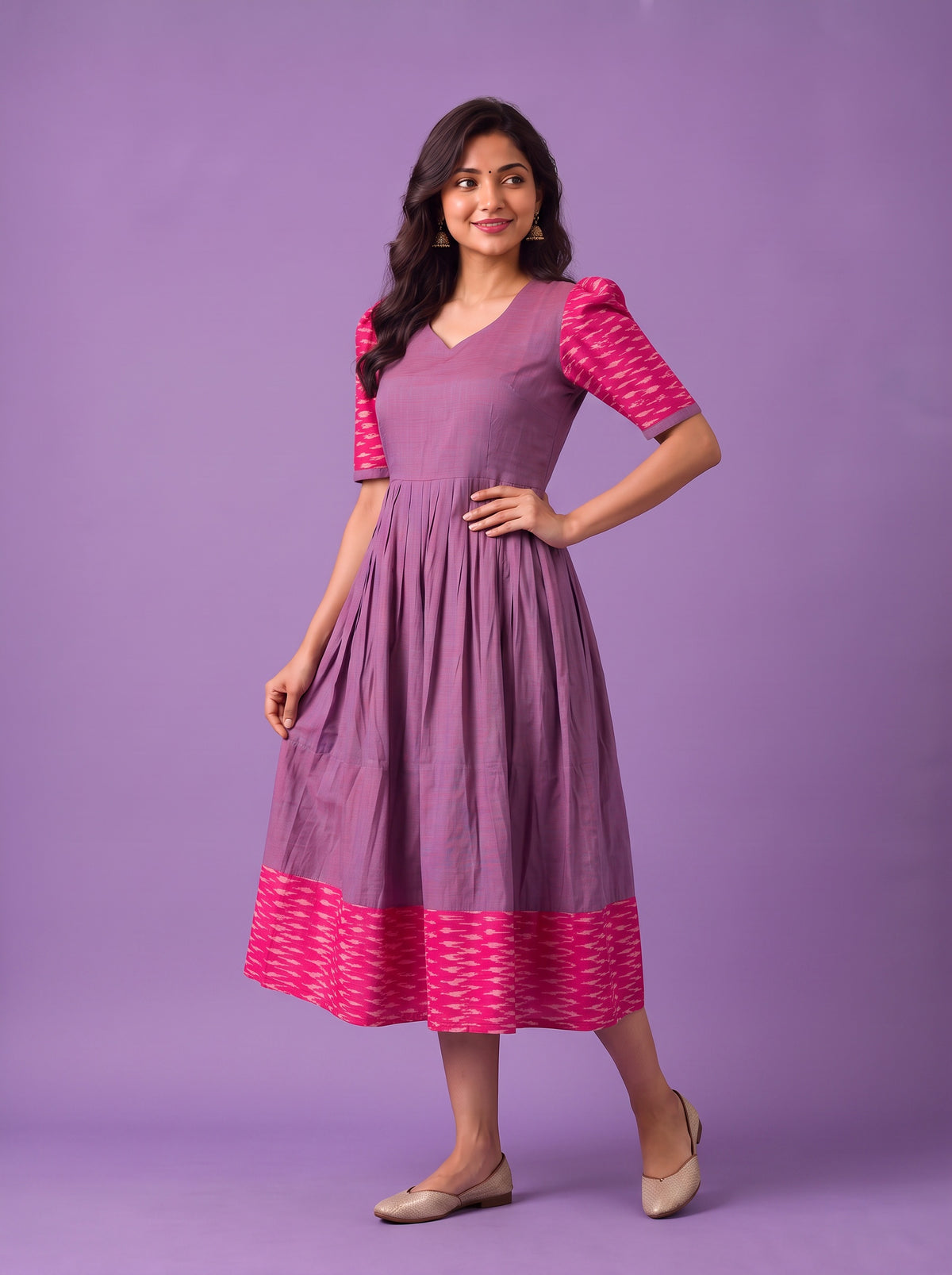 Handloom Ikkat Cotton Frock in Lavender Purple Colour with Hot Pink Ikkat Puff Sleeves | Half-Length Lining | Ready to Wear