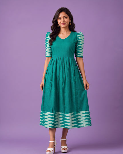 Handloom Ikkat Cotton Frock in Teal Green Colour with Aqua Blue Ikkat Puff Sleeves | Half-Length Lining | Ready to Wear