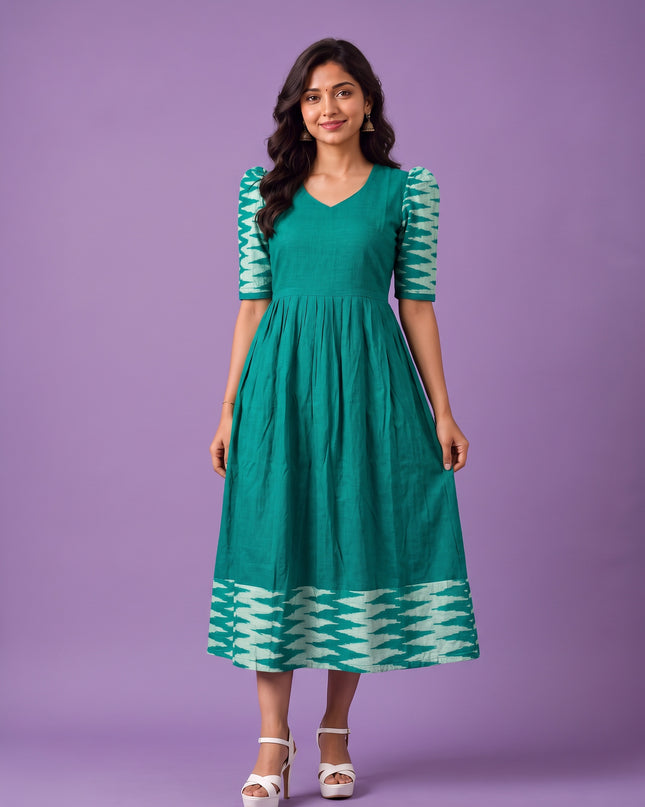 Handloom Ikkat Cotton Frock in Teal Green Colour with Aqua Blue Ikkat Puff Sleeves | Half-Length Lining | Ready to Wear