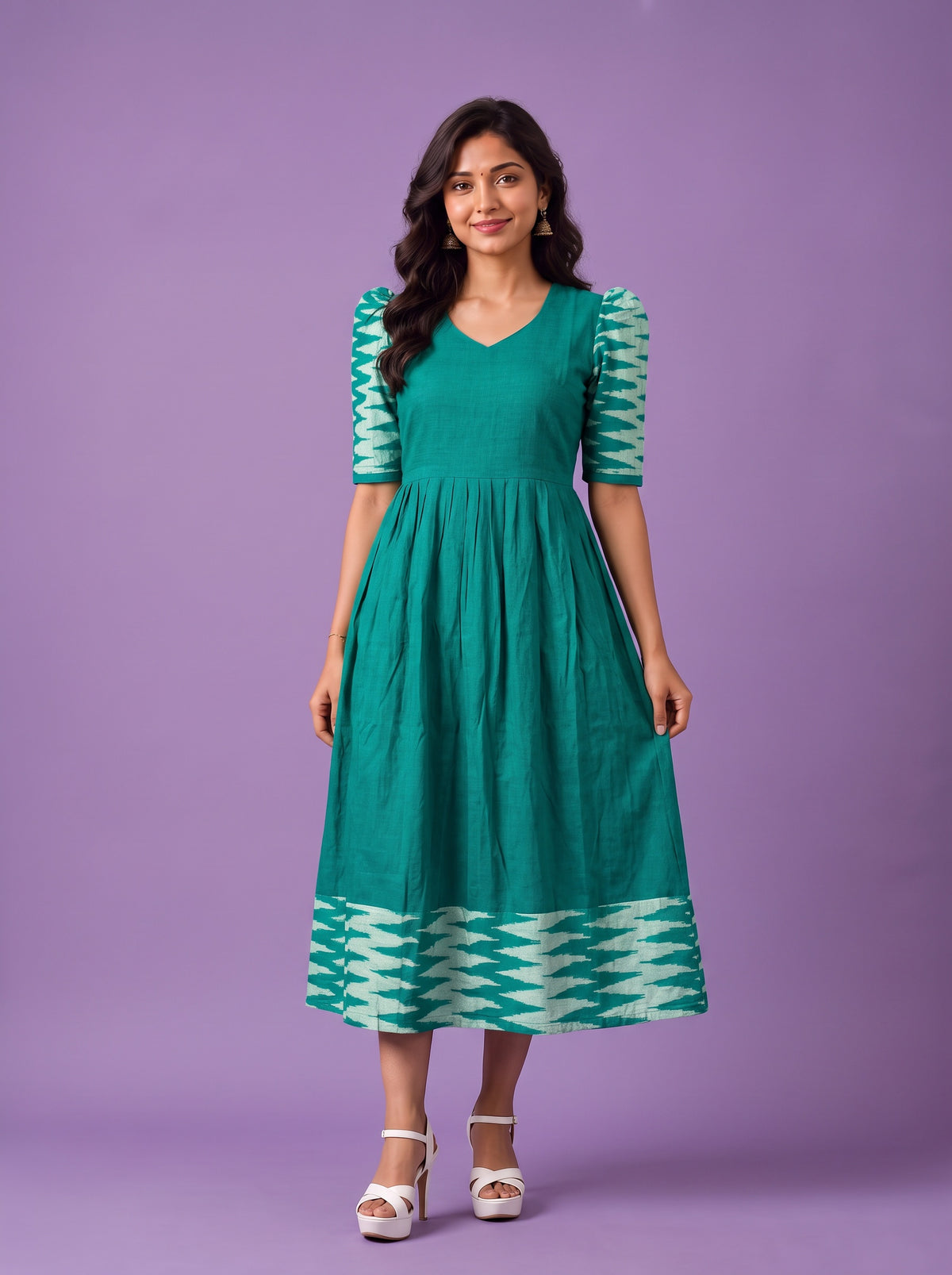 Handloom Ikkat Cotton Frock in Teal Green Colour with Aqua Blue Ikkat Puff Sleeves | Half-Length Lining | Ready to Wear
