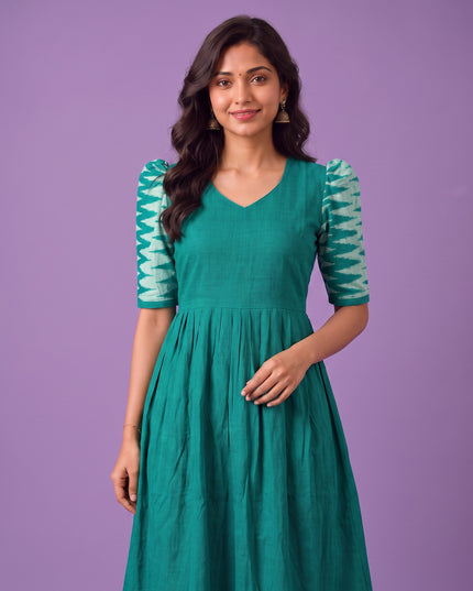 Handloom Ikkat Cotton Frock in Teal Green Colour with Aqua Blue Ikkat Puff Sleeves | Half-Length Lining | Ready to Wear