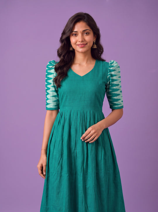 Handloom Ikkat Cotton Frock in Teal Green Colour with Aqua Blue Ikkat Puff Sleeves | Half-Length Lining | Ready to Wear
