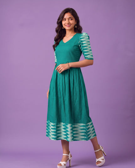 Handloom Ikkat Cotton Frock in Teal Green Colour with Aqua Blue Ikkat Puff Sleeves | Half-Length Lining | Ready to Wear