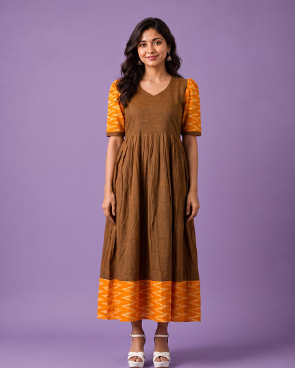 Handloom Ikkat Cotton Frock in Coffee Brown Colour with Mustard Yellow Ikkat Puff Sleeves | Half-Length Lining | Ready to Wear