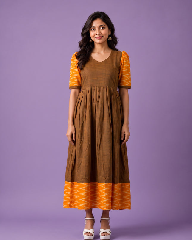 Handloom Ikkat Cotton Frock in Coffee Brown Colour with Mustard Yellow Ikkat Puff Sleeves | Half-Length Lining | Ready to Wear