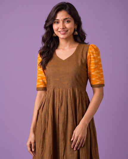 Handloom Ikkat Cotton Frock in Coffee Brown Colour with Mustard Yellow Ikkat Puff Sleeves | Half-Length Lining | Ready to Wear