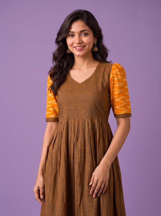 Handloom Ikkat Cotton Frock in Coffee Brown Colour with Mustard Yellow Ikkat Puff Sleeves | Half-Length Lining | Ready to Wear