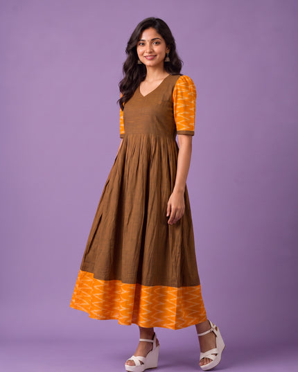Handloom Ikkat Cotton Frock in Coffee Brown Colour with Mustard Yellow Ikkat Puff Sleeves | Half-Length Lining | Ready to Wear