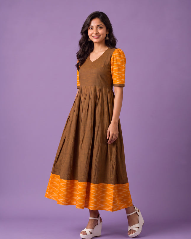 Handloom Ikkat Cotton Frock in Coffee Brown Colour with Mustard Yellow Ikkat Puff Sleeves | Half-Length Lining | Ready to Wear