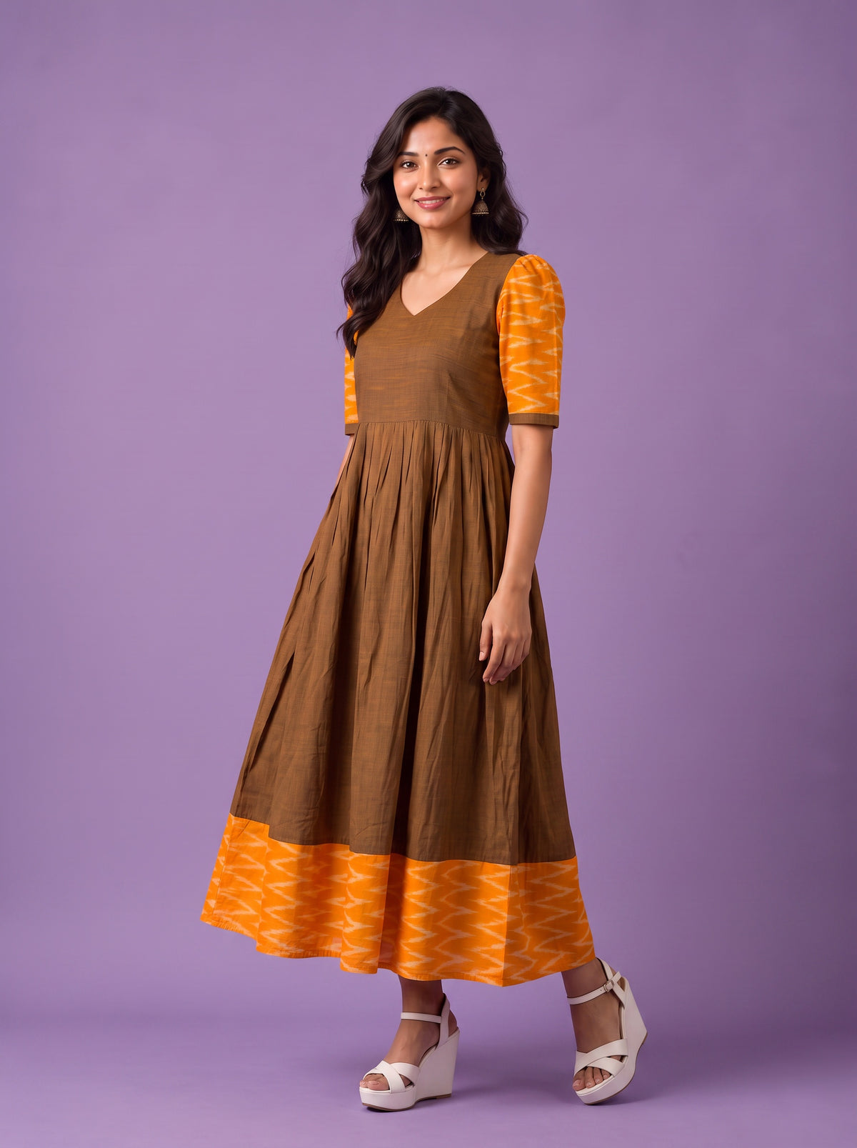 Handloom Ikkat Cotton Frock in Coffee Brown Colour with Mustard Yellow Ikkat Puff Sleeves | Half-Length Lining | Ready to Wear