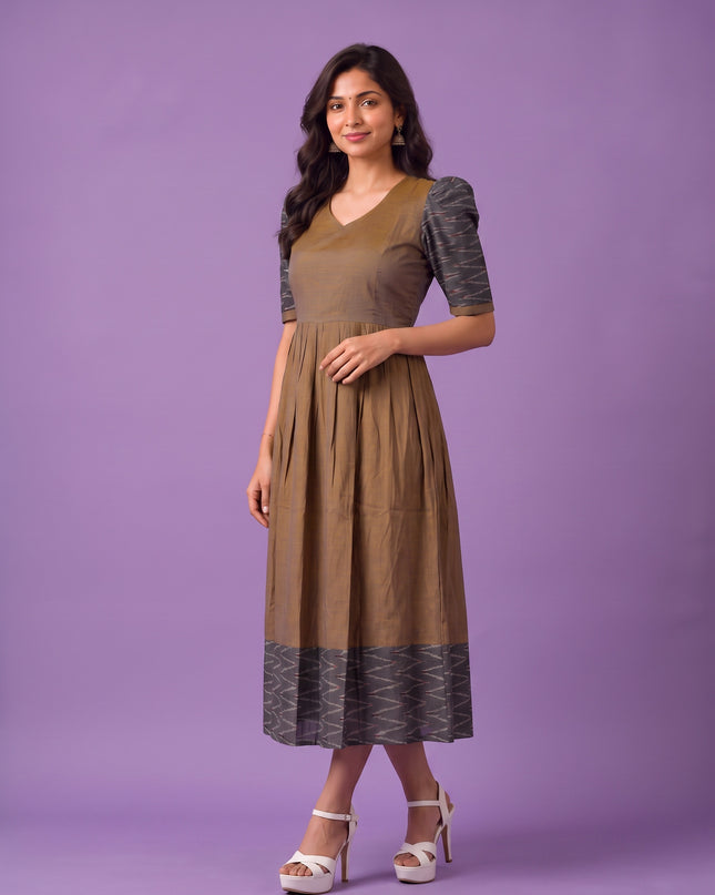 Handloom Ikkat Cotton Frock in Coffee Brown Colour with Charcoal Grey Ikkat Puff Sleeves | Half-Length Lining | Ready to Wear