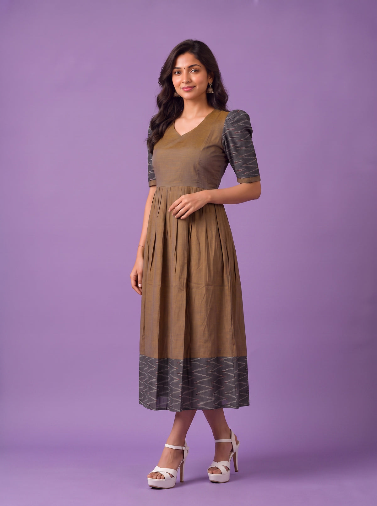 Handloom Ikkat Cotton Frock in Coffee Brown Colour with Charcoal Grey Ikkat Puff Sleeves | Half-Length Lining | Ready to Wear