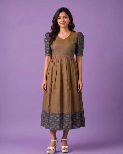 Handloom Ikkat Cotton Frock in Coffee Brown Colour with Charcoal Grey Ikkat Puff Sleeves | Half-Length Lining | Ready to Wear