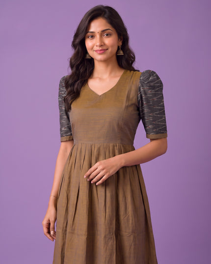 Handloom Ikkat Cotton Frock in Coffee Brown Colour with Charcoal Grey Ikkat Puff Sleeves | Half-Length Lining | Ready to Wear