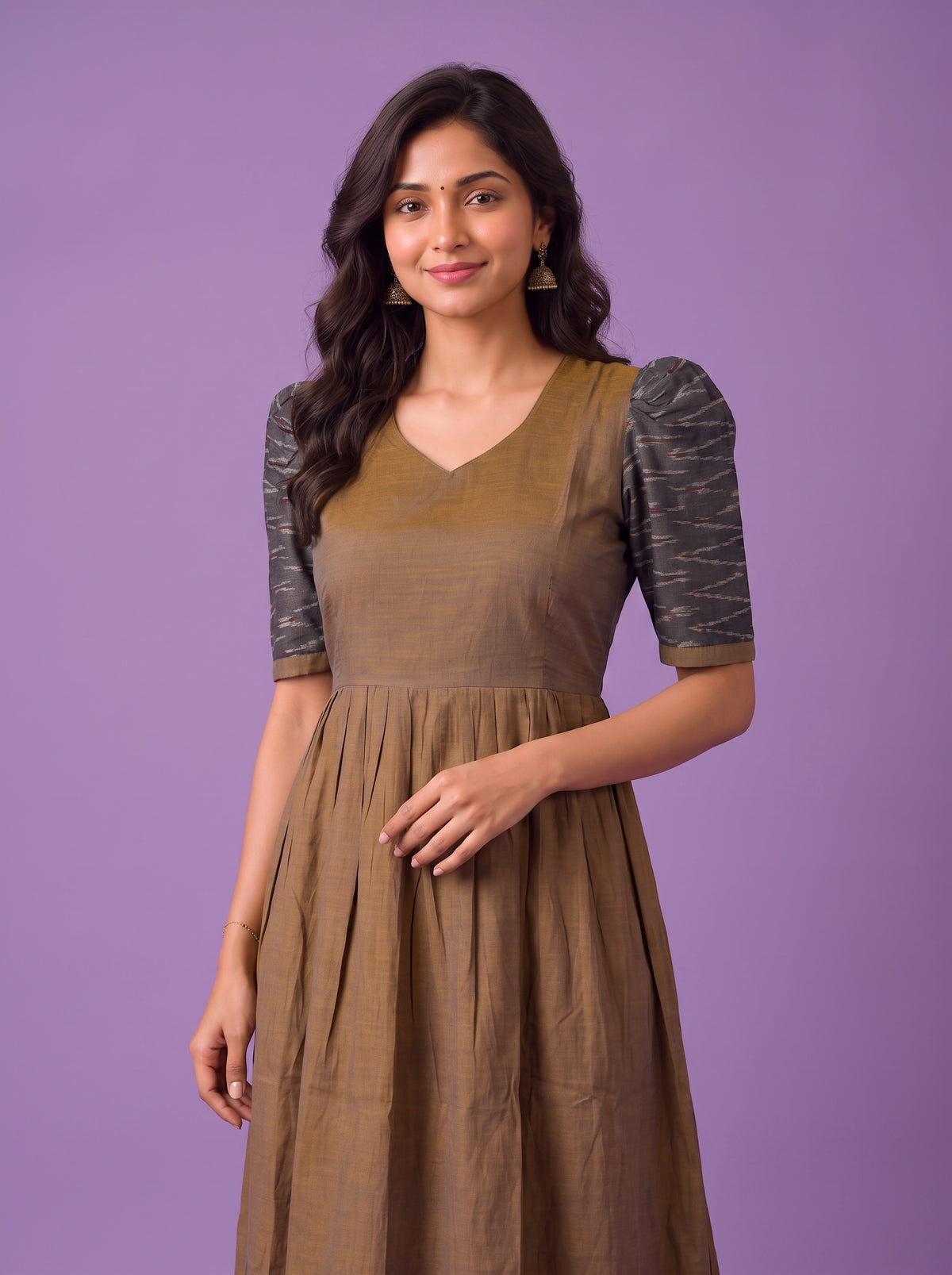 Handloom Ikkat Cotton Frock in Coffee Brown Colour with Charcoal Grey Ikkat Puff Sleeves | Half-Length Lining | Ready to Wear