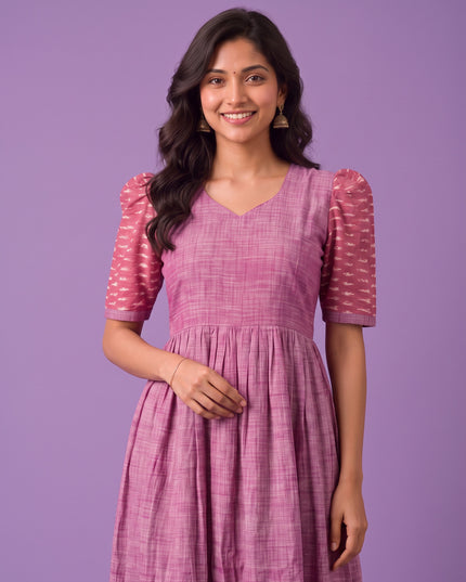 Handloom Ikkat Cotton Frock in Dusty Pink Colour with Pink Ikkat Puff Sleeves | Half-Length Lining | Ready to Wear
