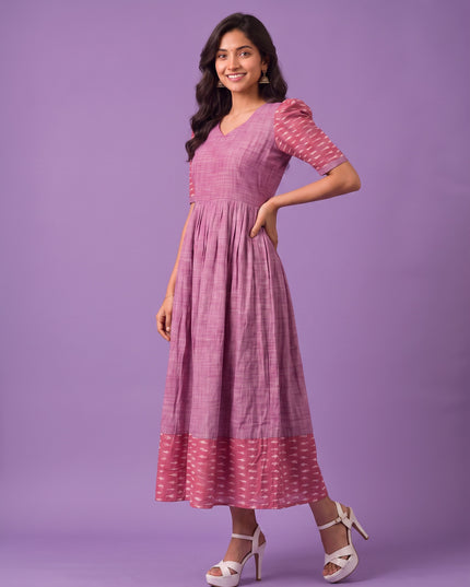 Handloom Ikkat Cotton Frock in Dusty Pink Colour with Pink Ikkat Puff Sleeves | Half-Length Lining | Ready to Wear