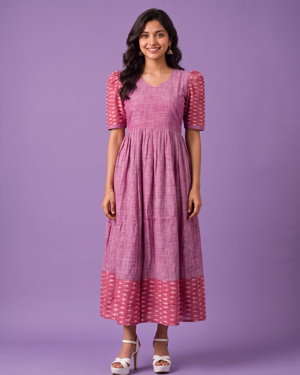 Handloom Ikkat Cotton Frock in Dusty Pink Colour with Pink Ikkat Puff Sleeves | Half-Length Lining | Ready to Wear