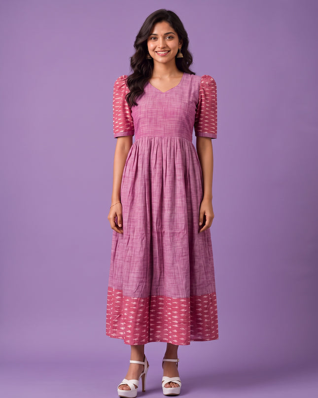 Handloom Ikkat Cotton Frock in Dusty Pink Colour with Pink Ikkat Puff Sleeves | Half-Length Lining | Ready to Wear
