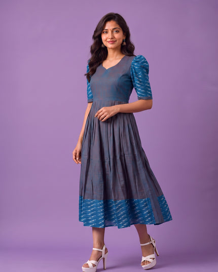 Handloom Ikkat Cotton Frock in Slate Blue Colour with Sky Blue Ikkat Puff Sleeves | Half-Length Lining | Ready to Wea