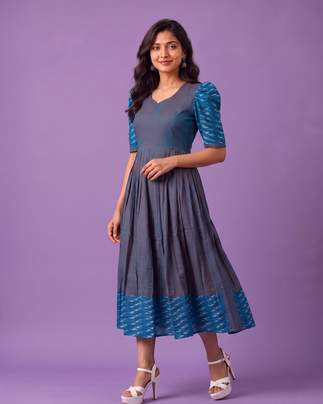Handloom Ikkat Cotton Frock in Slate Blue Colour with Sky Blue Ikkat Puff Sleeves | Half-Length Lining | Ready to Wea