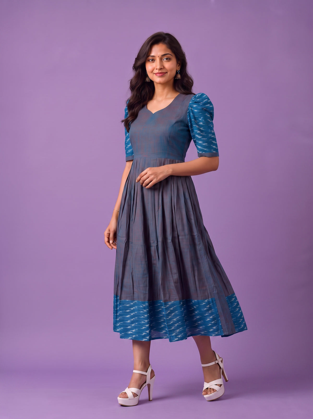 Handloom Ikkat Cotton Frock in Slate Blue Colour with Sky Blue Ikkat Puff Sleeves | Half-Length Lining | Ready to Wea